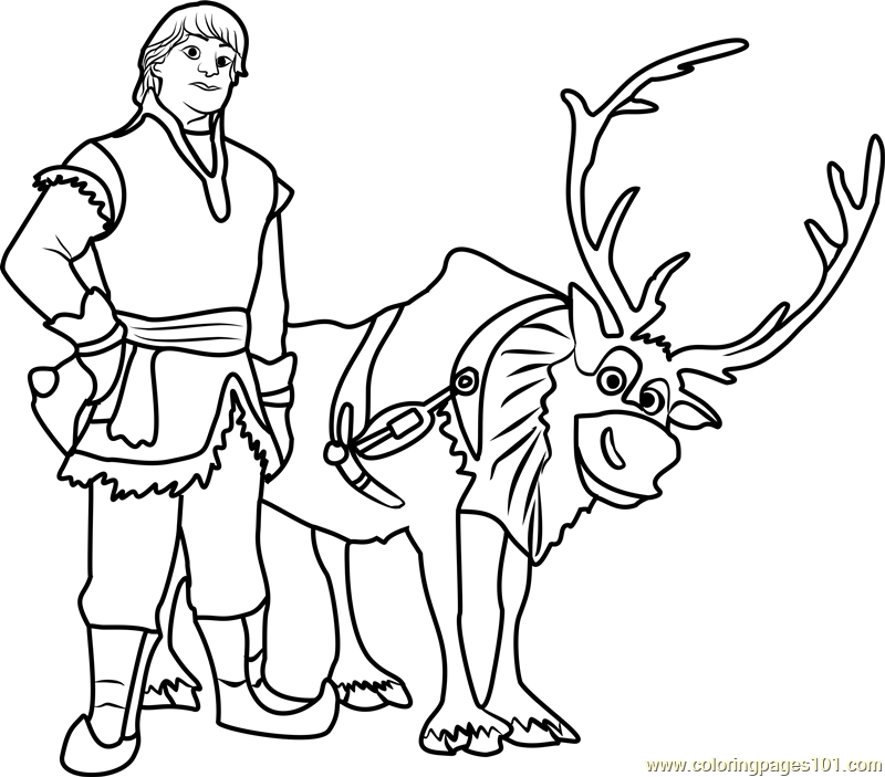 Kristoff with reindeer coloring page for kids