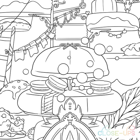 Cake coloring page spring adult coloring page dessert sweets cupcakes party kawaii doodle digital download pdf printable by jen katz