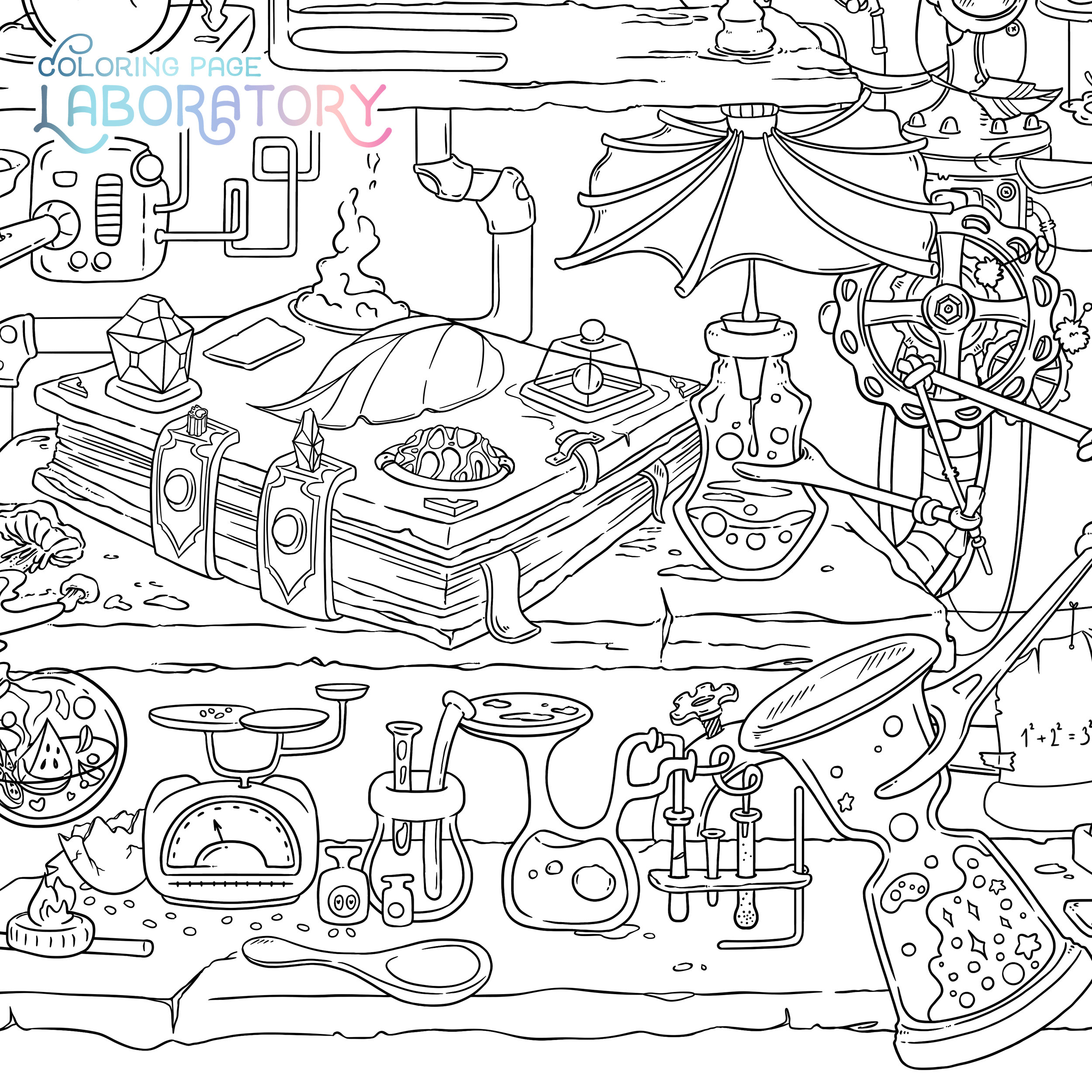 Laboratory coloring page cute halloween doodle digital download autumn adult coloring page kawaii cats potions pdf printable by jen katz