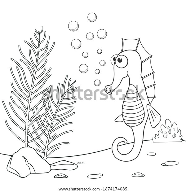 Vektor stok coloring page outline cartoon sea horse tanpa royalti