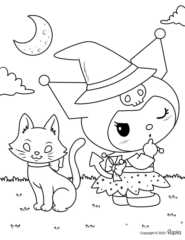 Kuromi in halloween clothes with a cat coloring page hello kitty coloring hello kitty colouring pages coloring pages