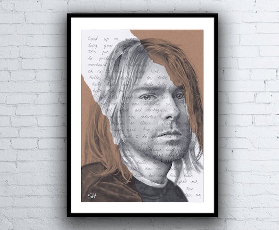 Kurt cobain pen drawing fine art print with smells like teen spirit lyrics a a a sizes limited edition portrait nirvana artwork