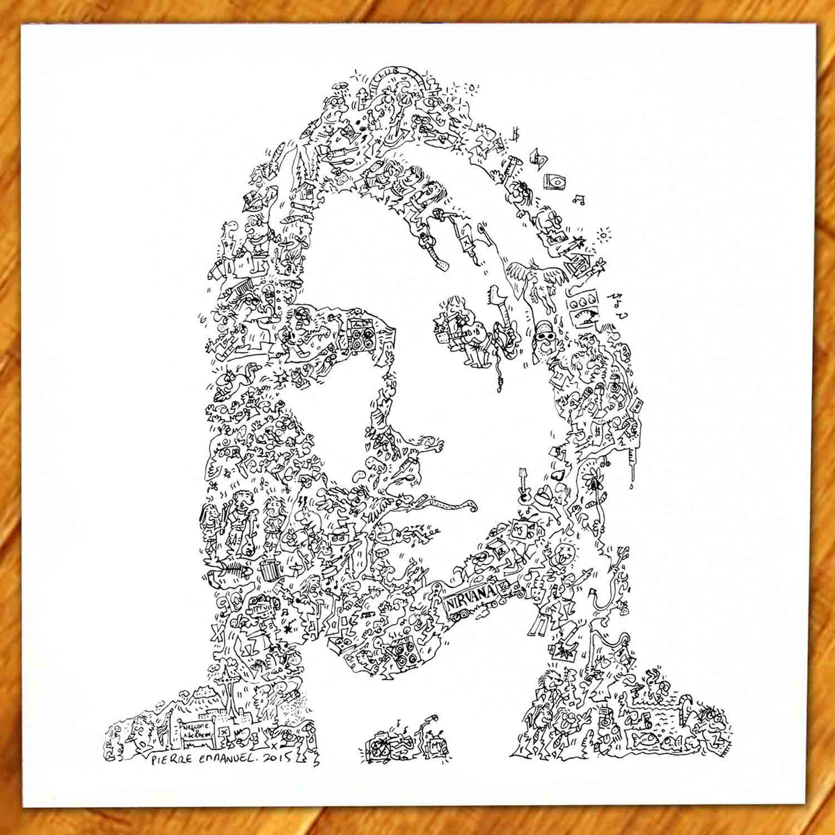 Kurt cobain art print made of doodles and black ink