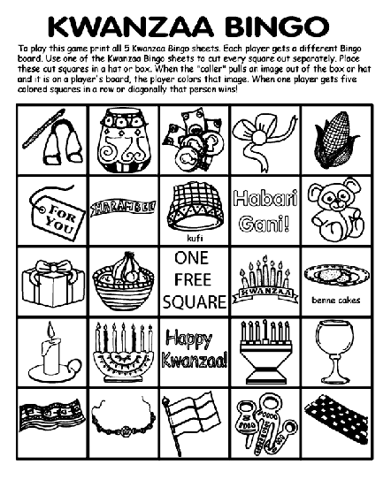 Kwanzaa bingo board no activity sheet