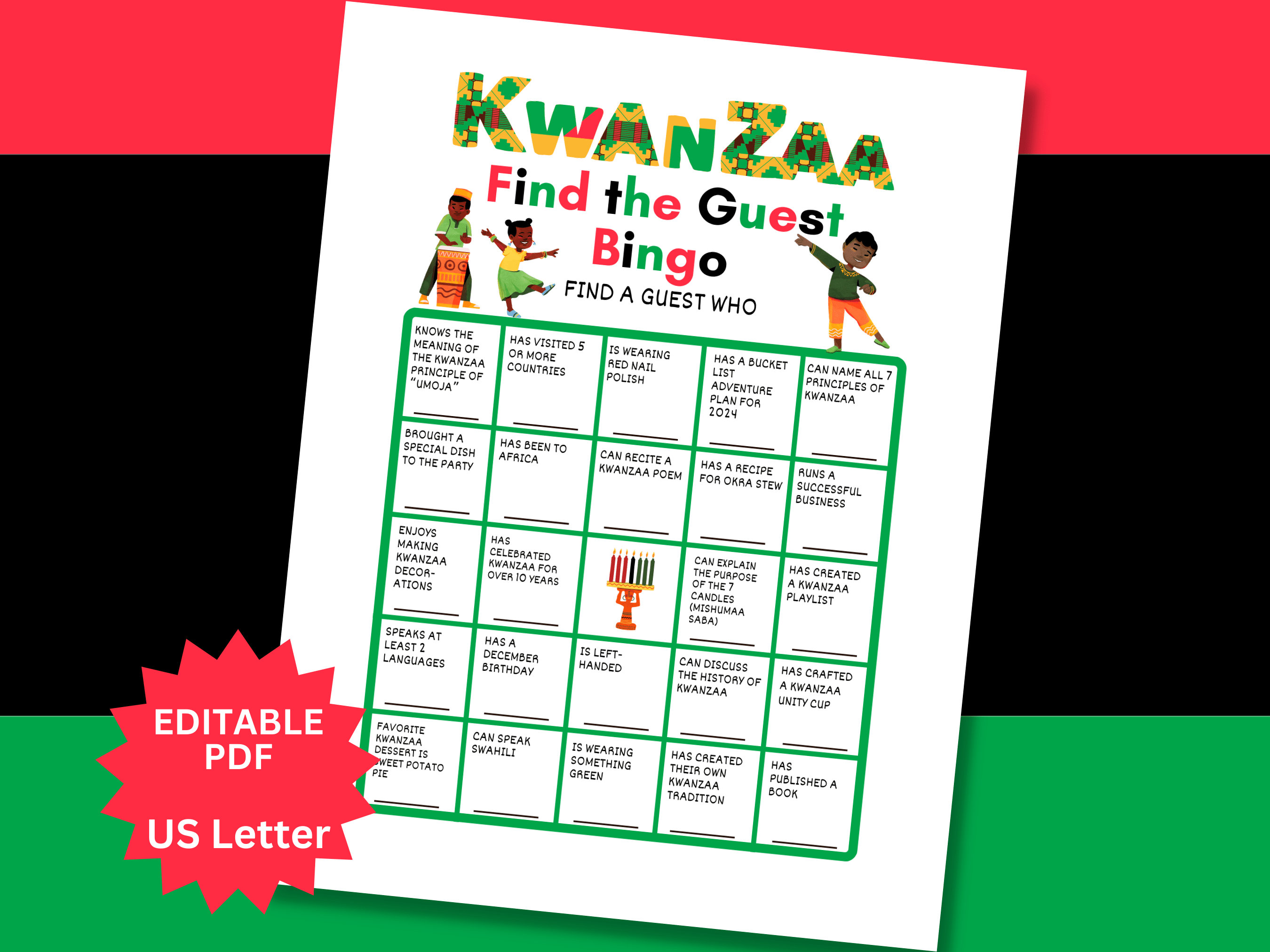Kwanzaa find the guest bingo party game editable printable mix and mingle kwanzaa bingo party game adult icebreaker game human bingo