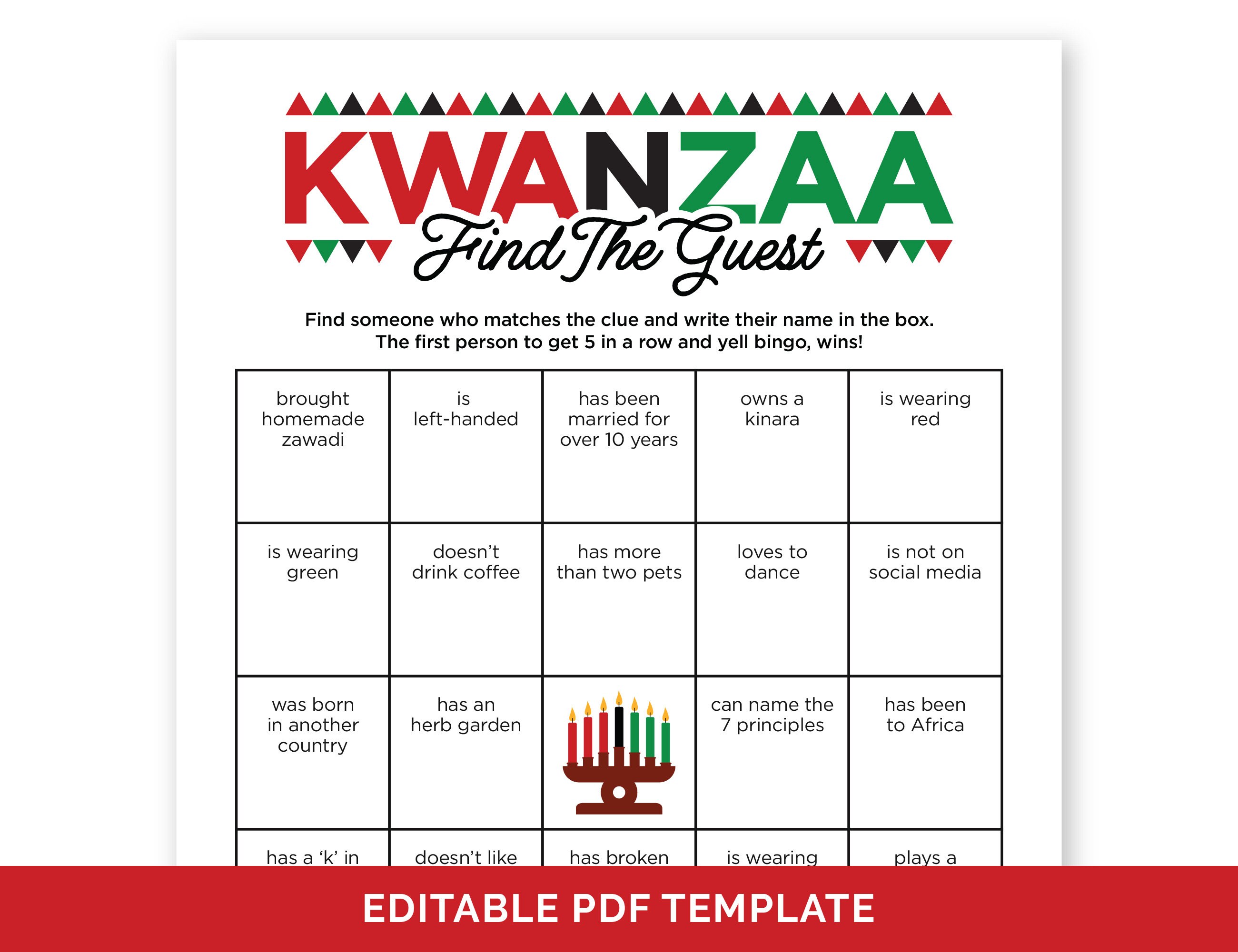 Editable kwanzaa find the guest bingo game printable kwanzaa party mix and mingle bingo find someone who human bingo for adults and kids instant download
