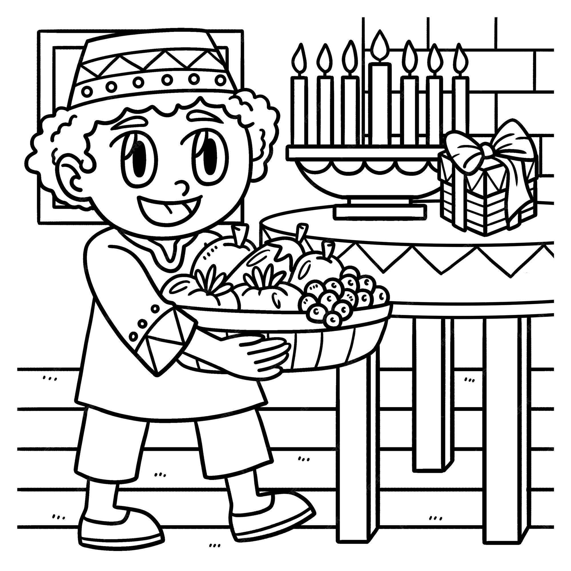 Premium vector kwanzaa boy carrying mazao coloring page for kids