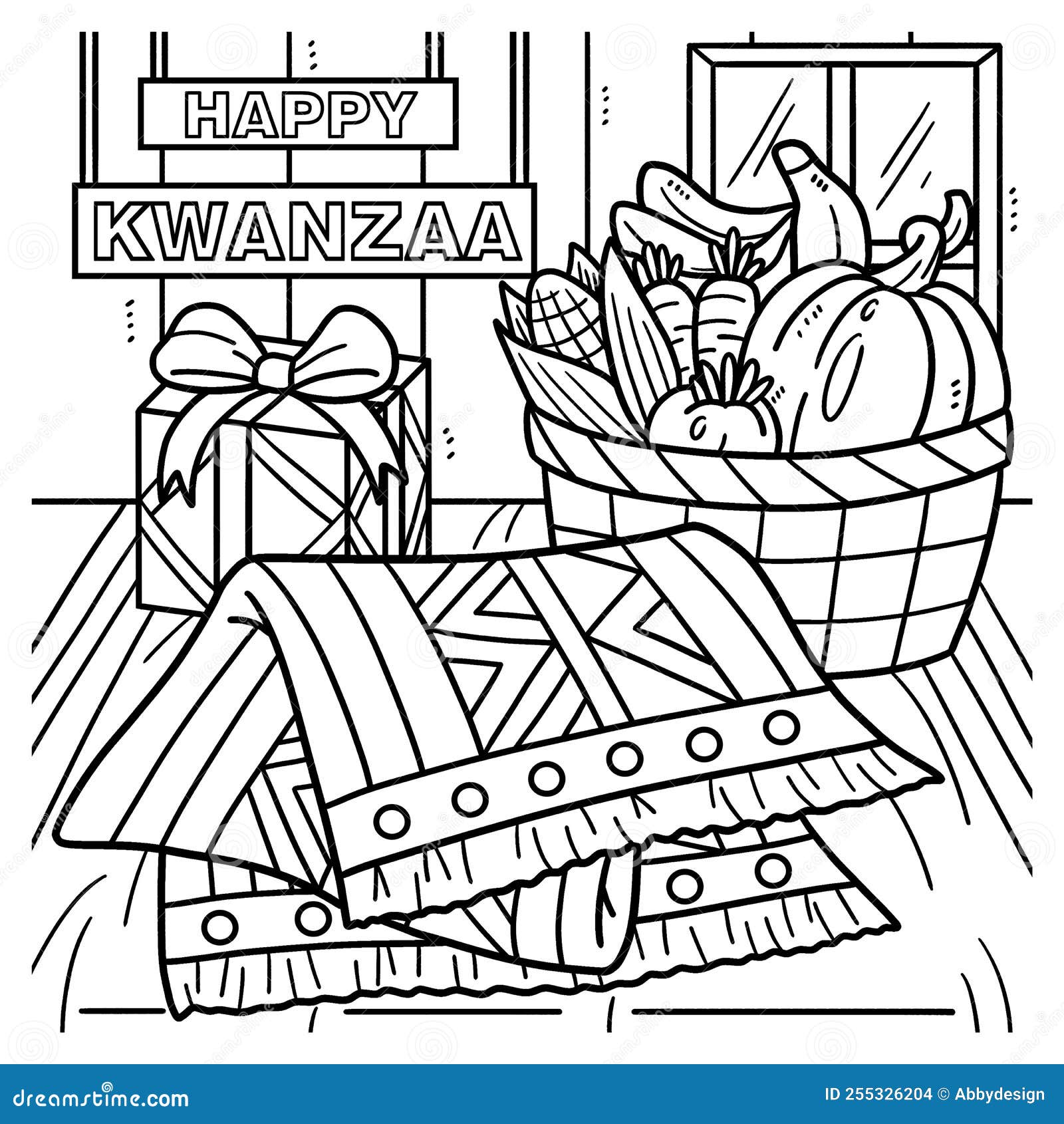 Kwanzaa mazao and tablecloth coloring page stock vector