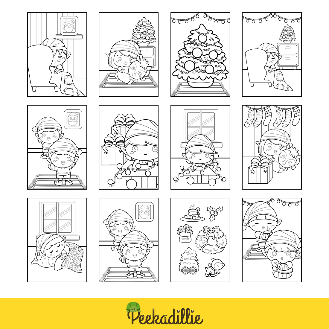 Cute christmas elf kids boy and girl at home and decoration outline coloring pages activity