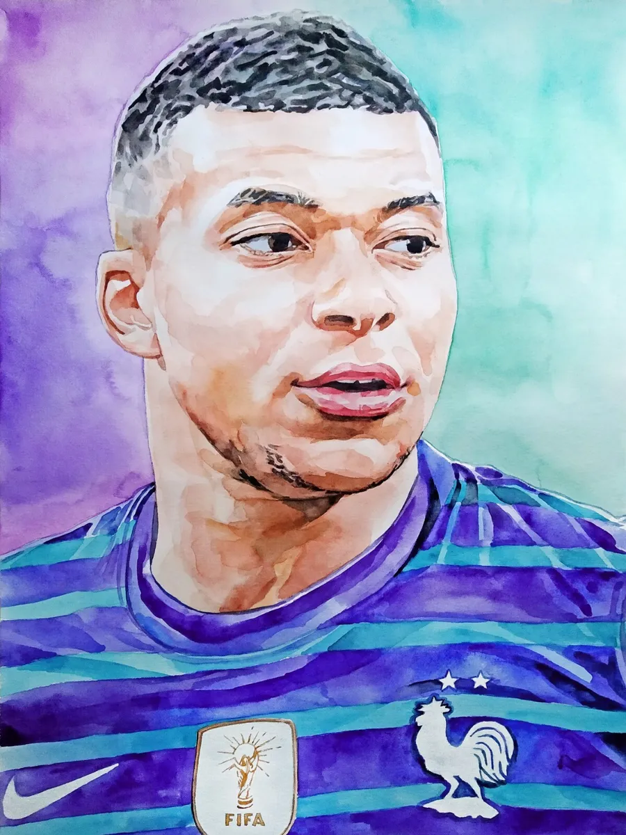 Ã kylian mbappe world cup waterlor signed and dated