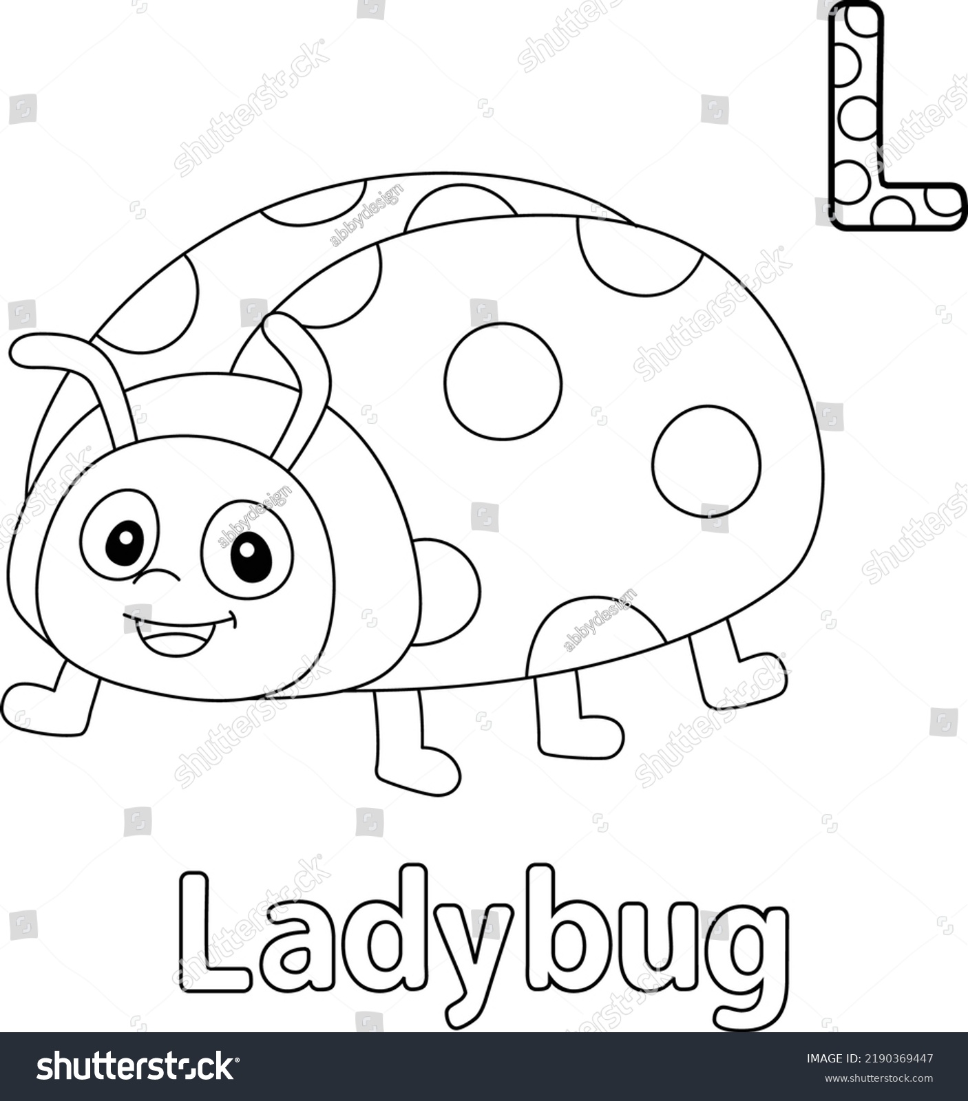 Ladybug alphabet abc coloring page l stock vector royalty free