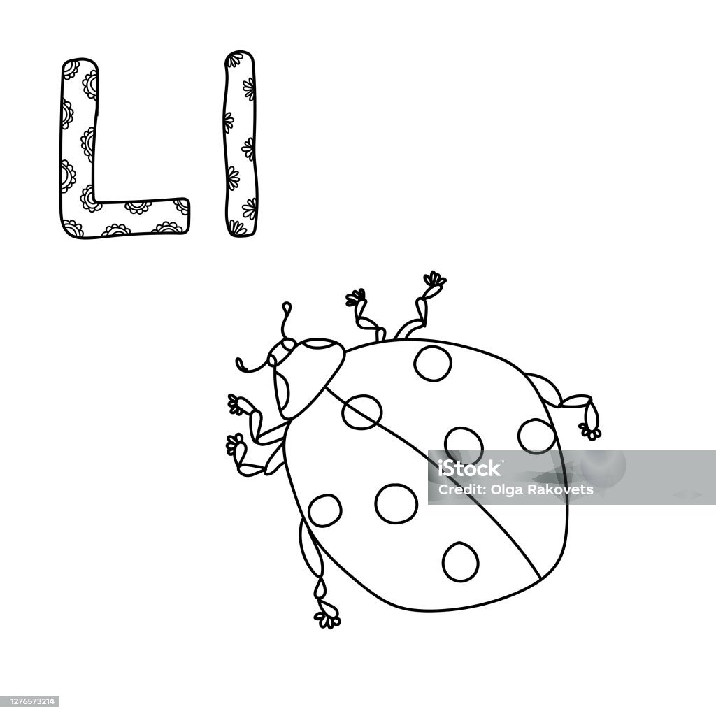 Coloring page for study letter l outline illustration of ladybug and volumetric letters with patterns stock illustration