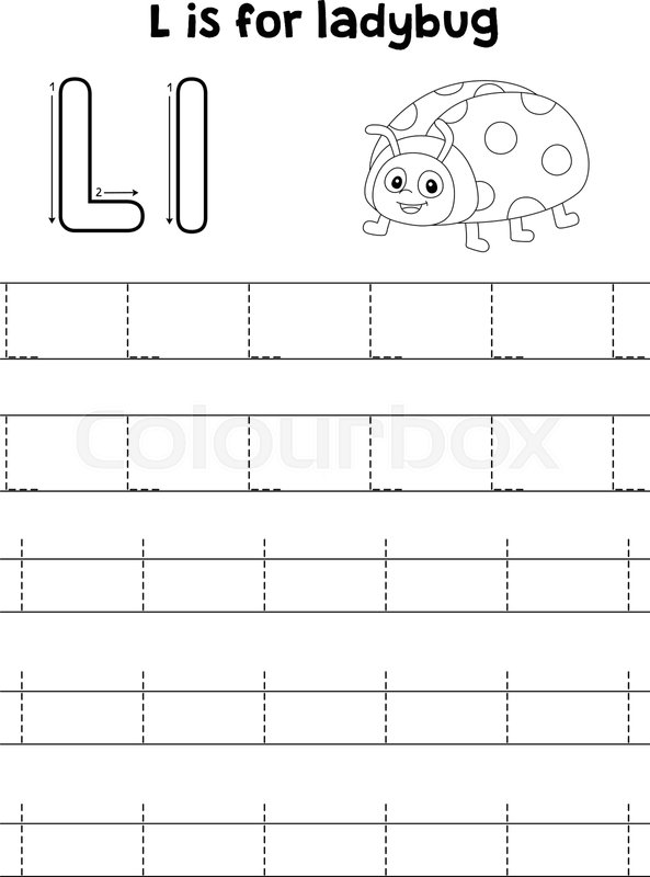 Ladybug animal tracing letter abc coloring page l stock vector