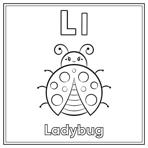 Premium vector alphabet flashcard letter l with cute ladybug drawing sketch for coloring