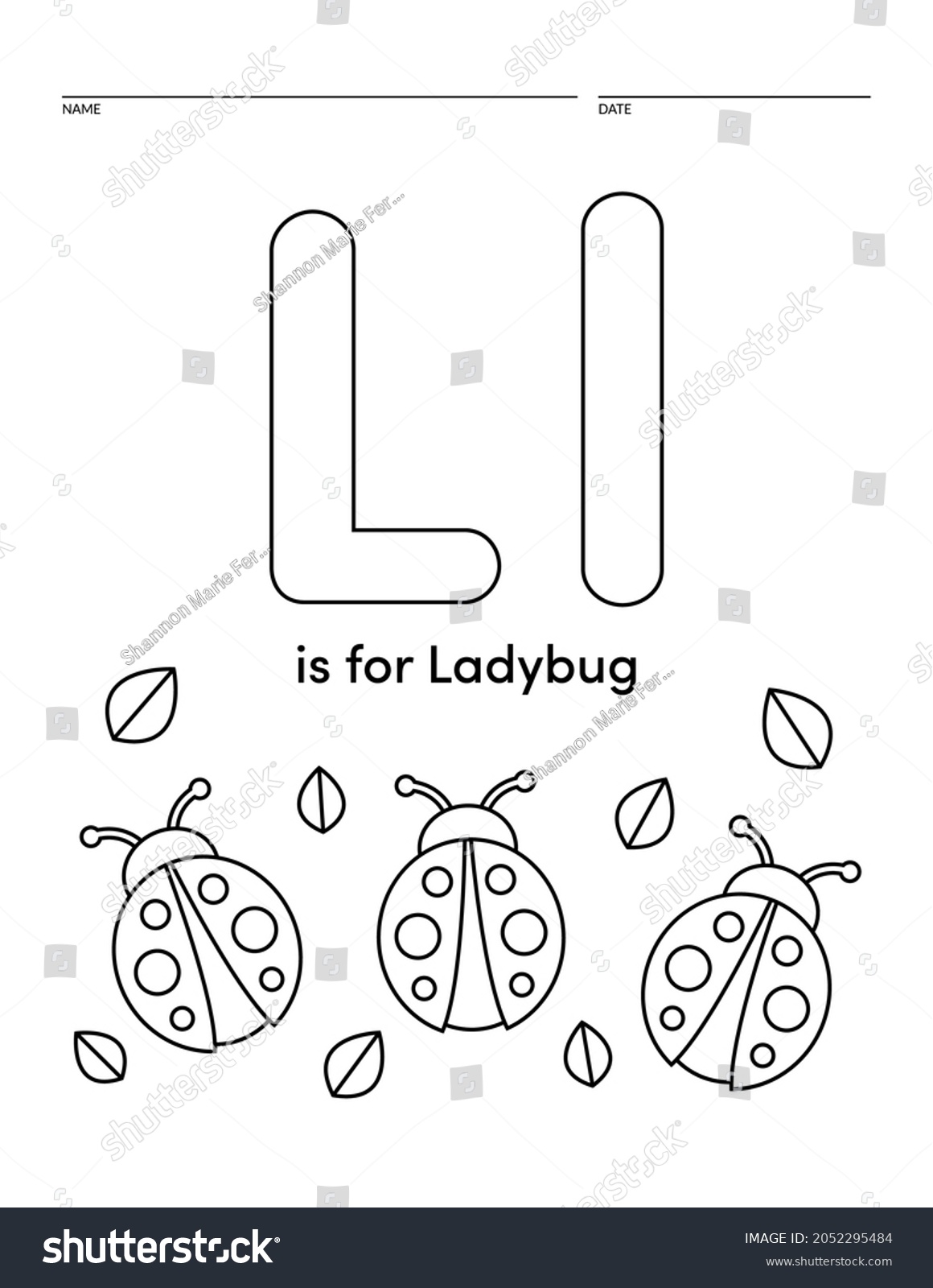 Letter l ladybug alphabet learning worksheet stock vector royalty free