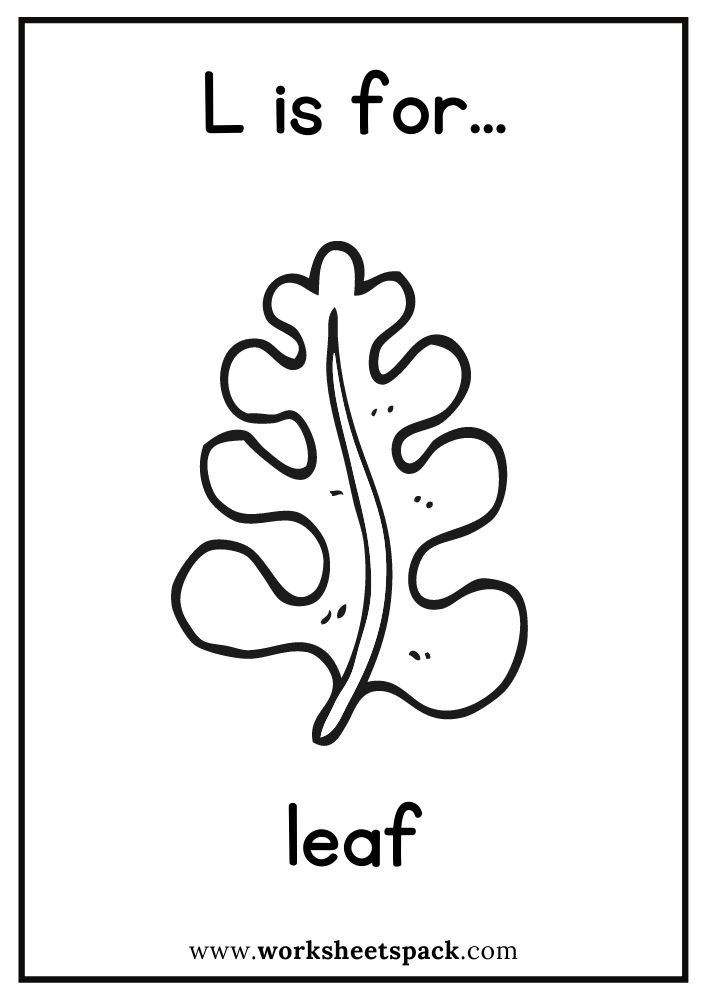 L is for leaf coloring page free leaf flashcard for kindergarten