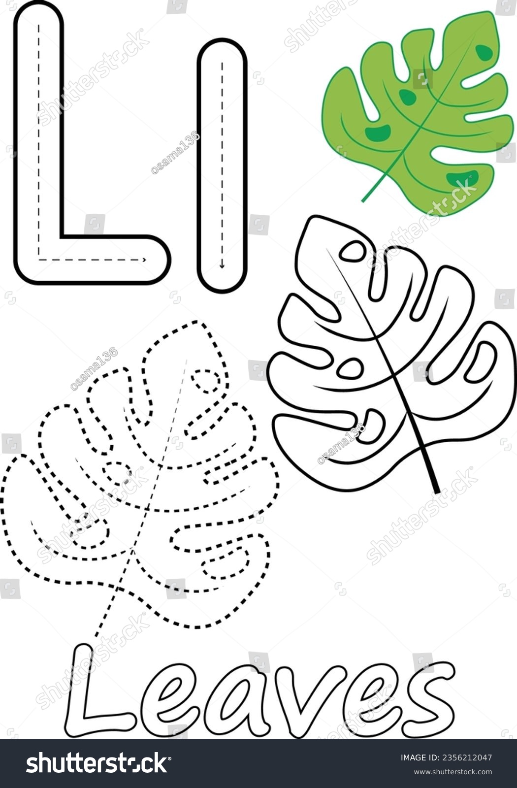 Coloring pages leaves letter l suitable stock vector royalty free