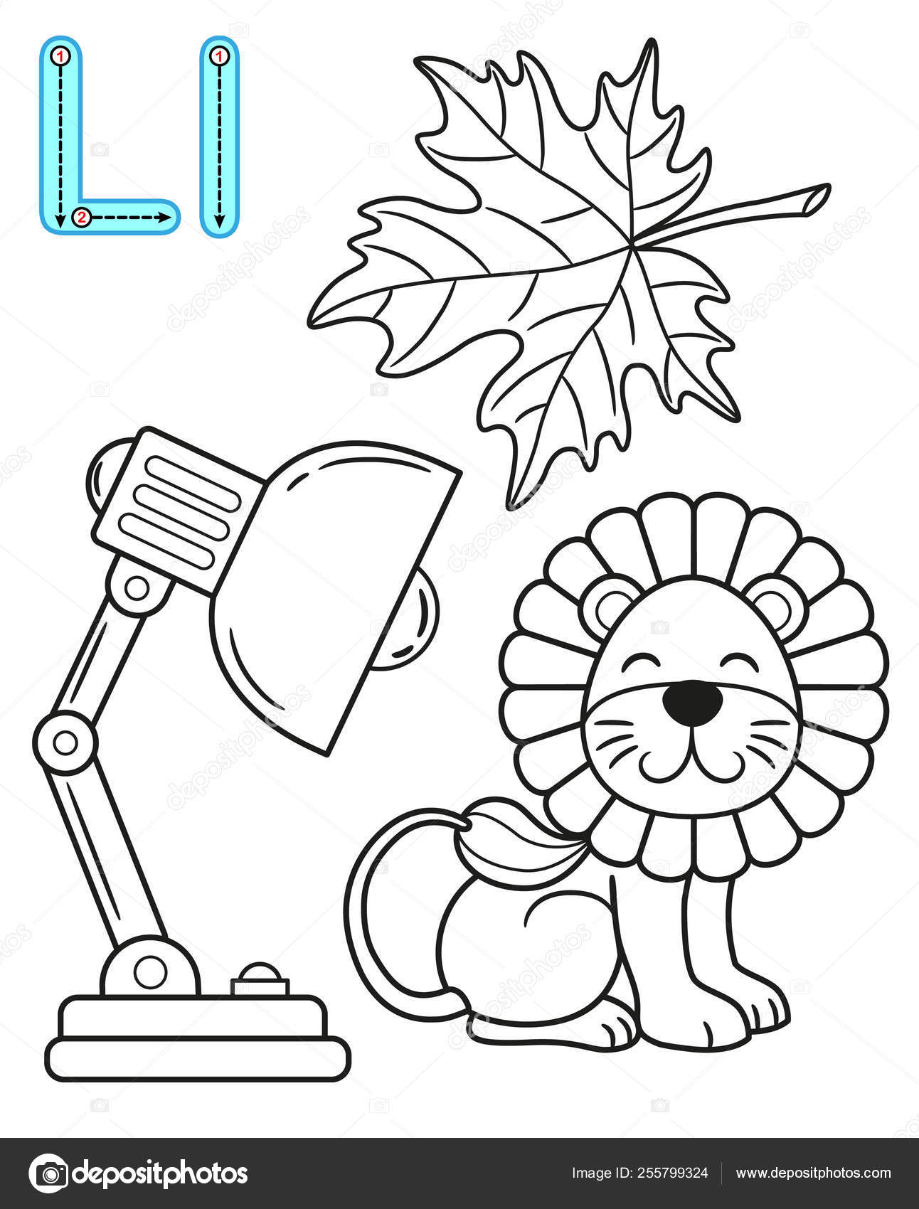 Printable coloring page for kindergarten and preschool card for study english vector coloring book alphabet letter l leaf lamp lion stock vector by natasha