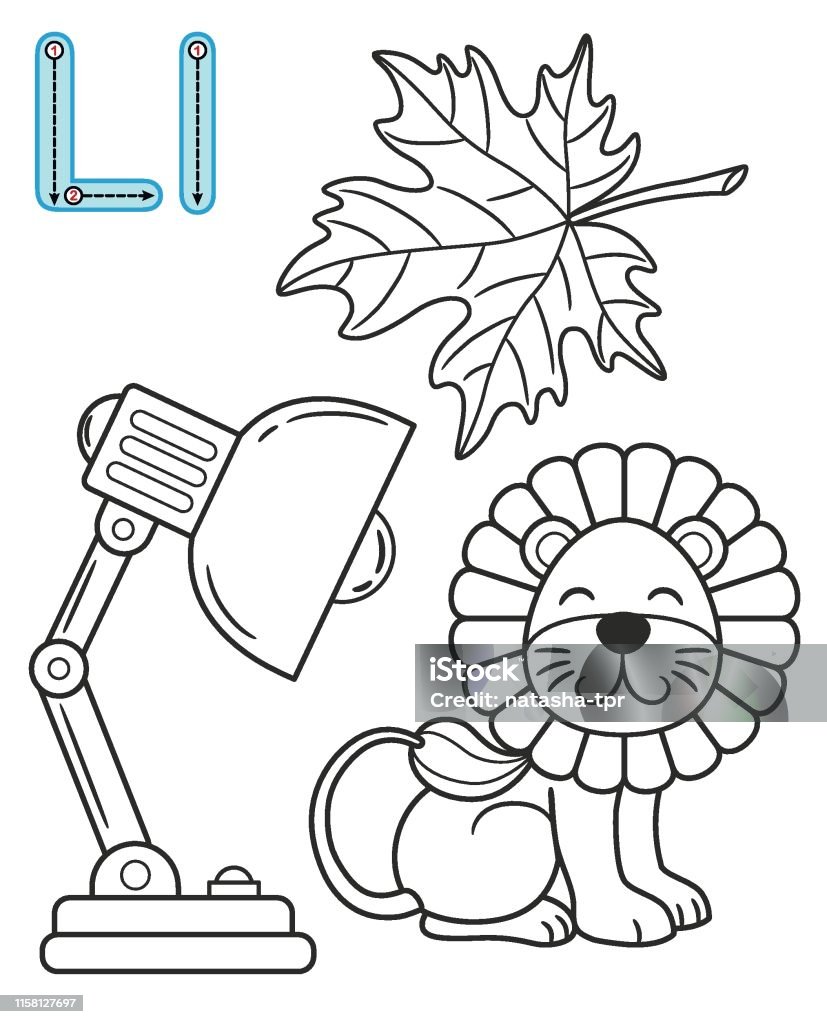 Letter l leaf lamp lion vector coloring book alphabet printable coloring page for kindergarten and preschool