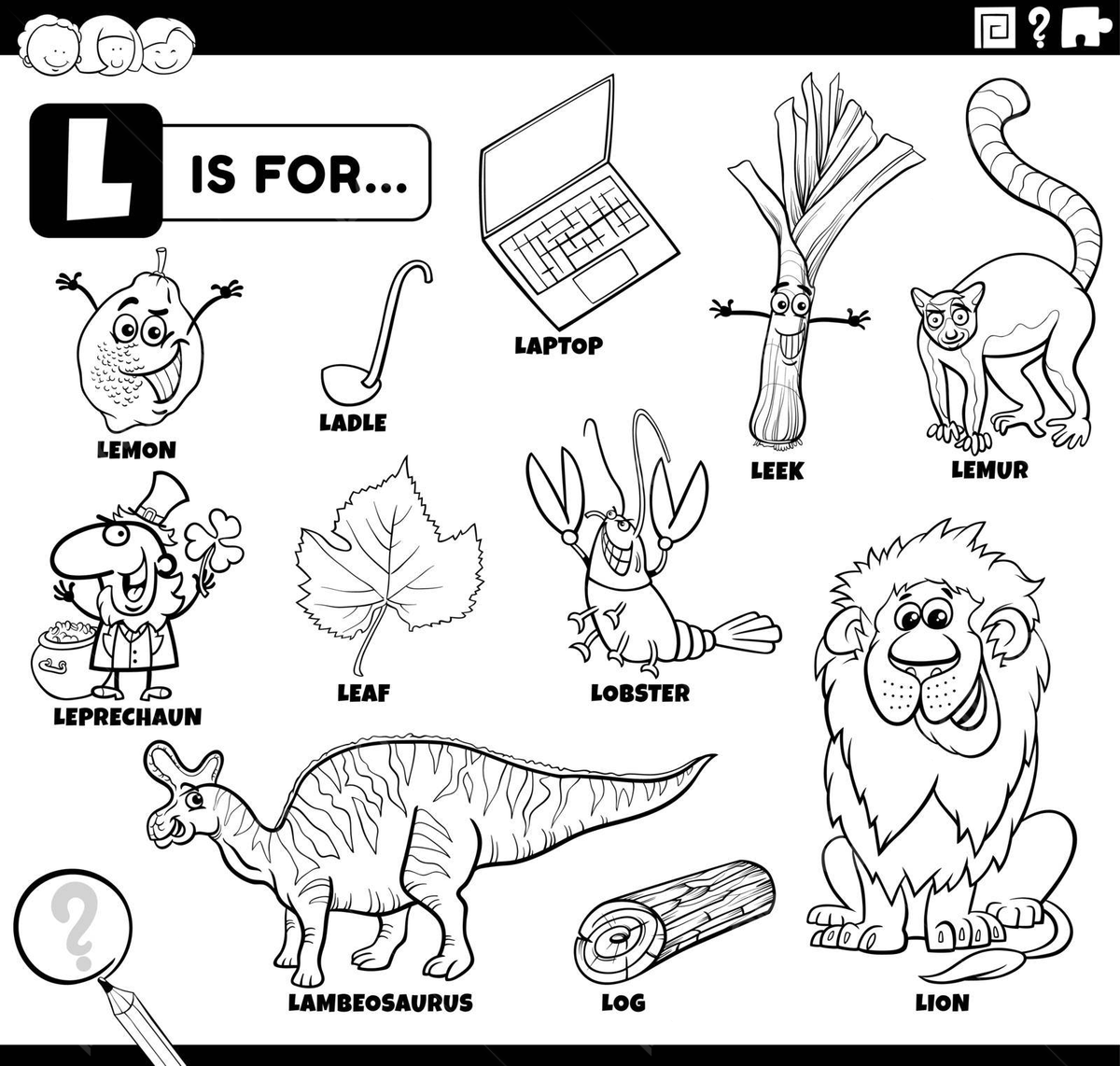 Coloring book page featuring educational set of words starting with letter l vector page lemon log png and vector with transparent background for free download