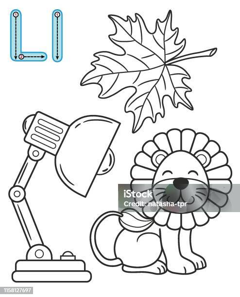 Letter l leaf lamp lion vector coloring book alphabet printable coloring page for kindergarten and preschool stock illustration