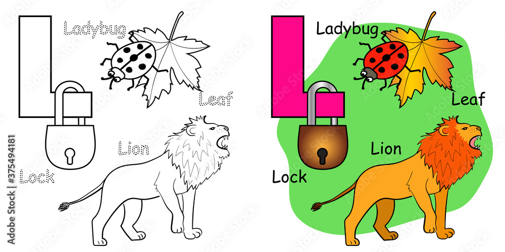 English alphabet coloring book page for children letter l is for lion leaf ladybug lock vector illustration vector