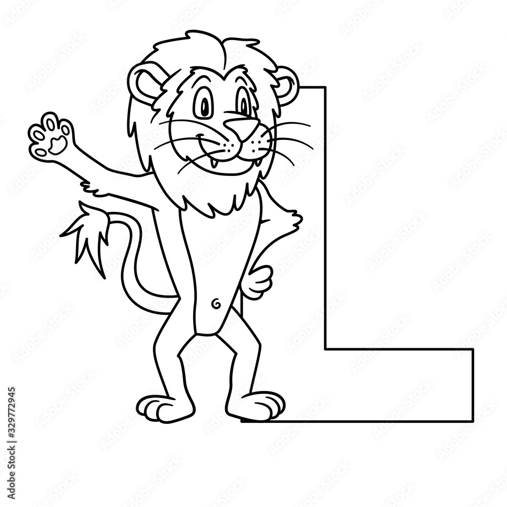 Animal alphabet capital letter l lion raster illustration for pre school education kindergarten and foreign language learning for kids and children coloring page and books zoo topic illustration