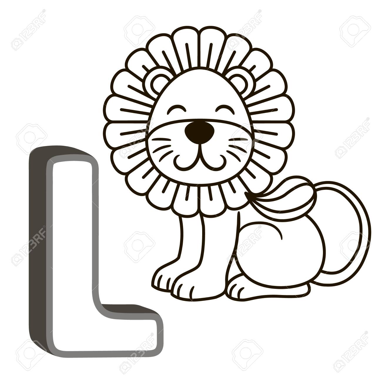 Coloring book alphabet with capital letters of the english and cute cartoon animals and things coloring page for kindergarten and preschool cards for learning english letter l lion royalty free svg cliparts