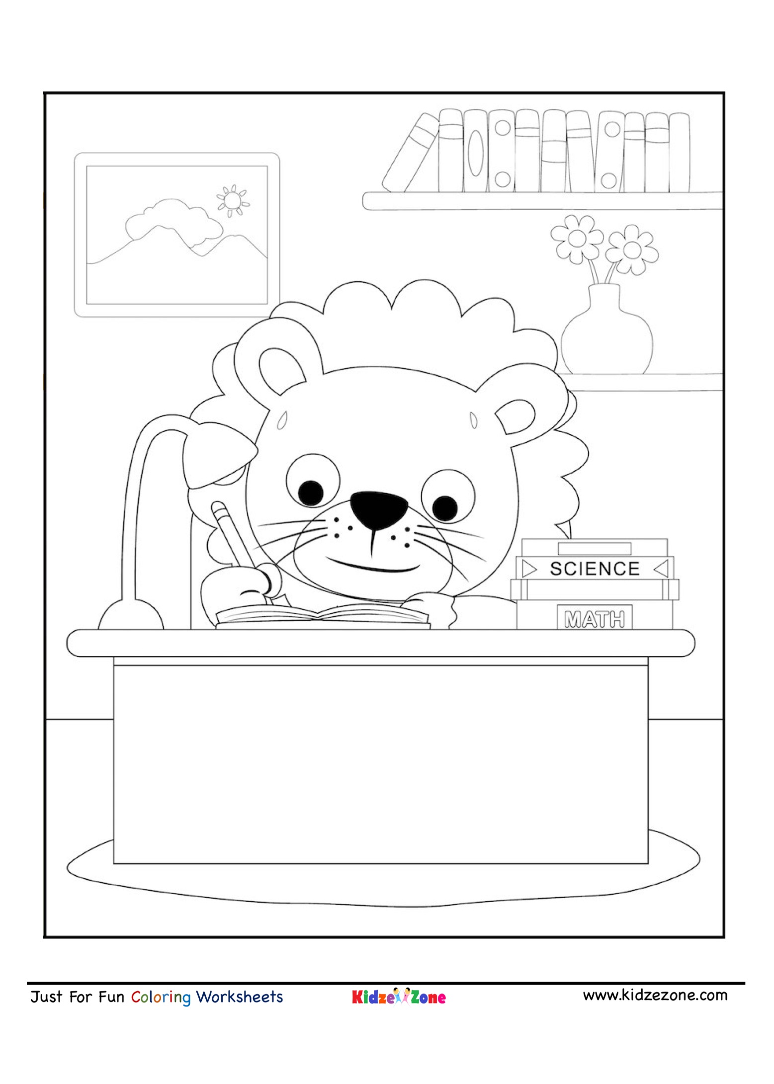 Cute lion cartoon studying coloring page