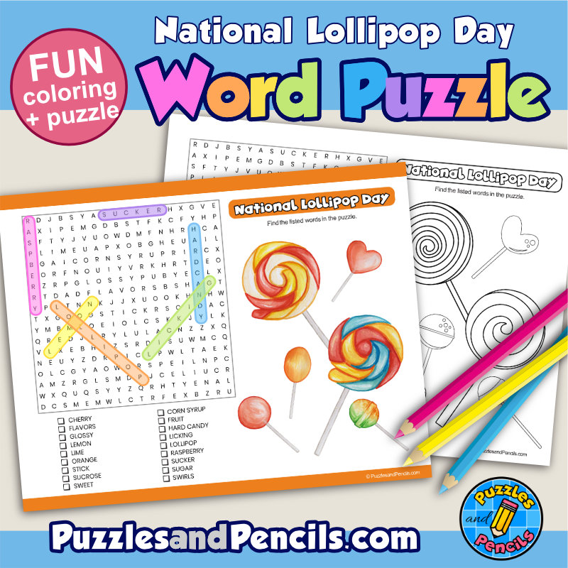 National lollipop day word search puzzle activity page and coloring july wordsearch made by teachers