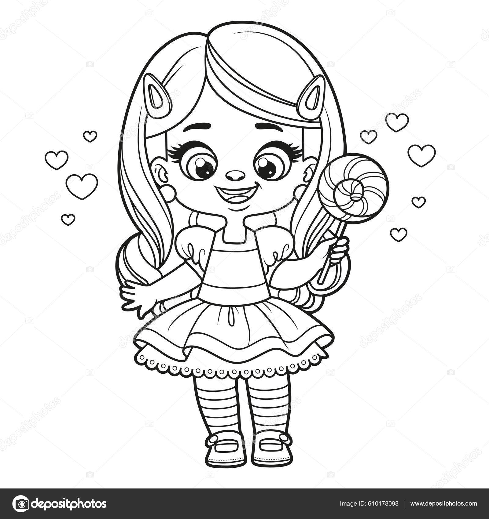 Cute cartoon girl big lollipop candy hand coloring page white stock vector by yadviga