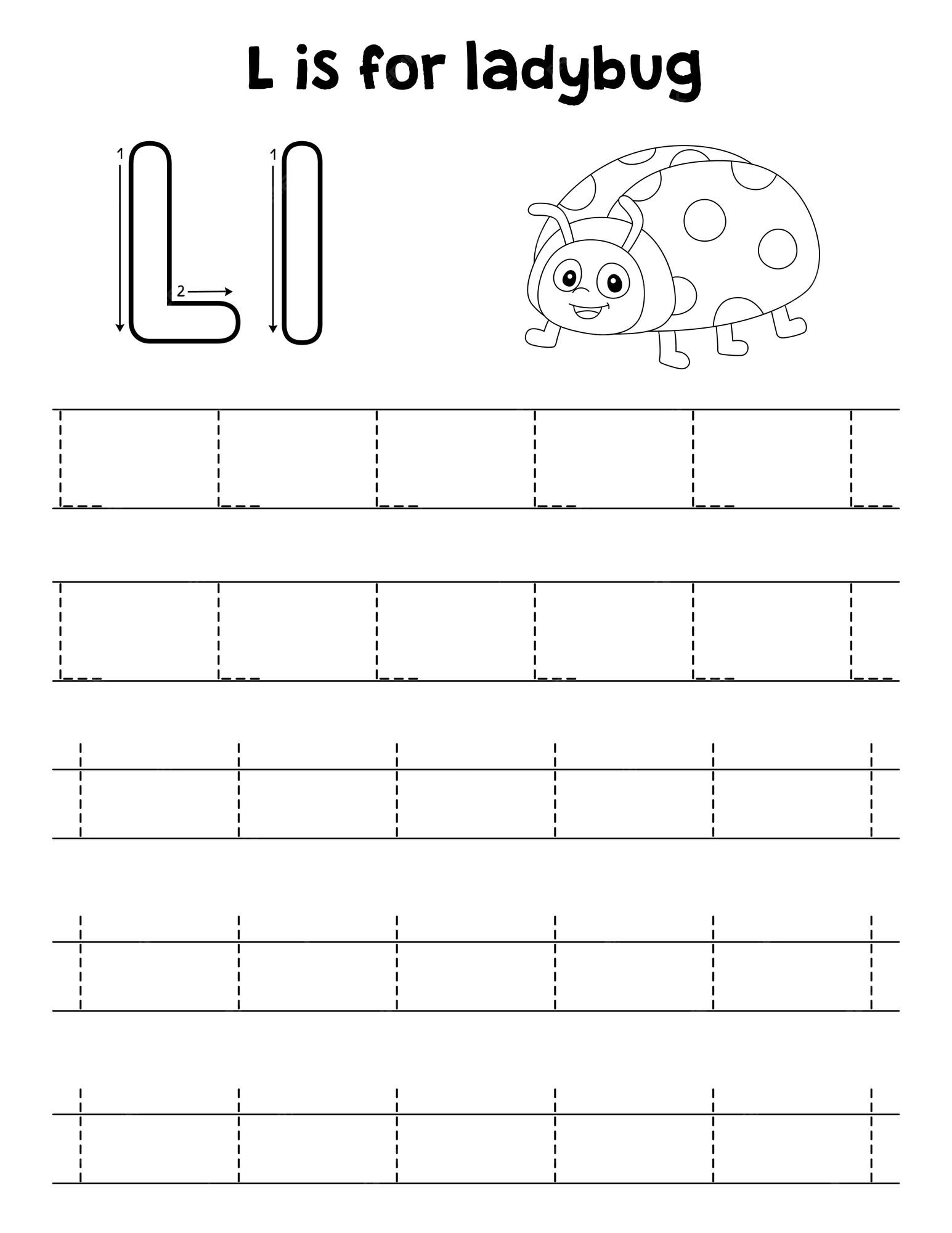 Premium vector ladybug animal tracing letter abc coloring page l