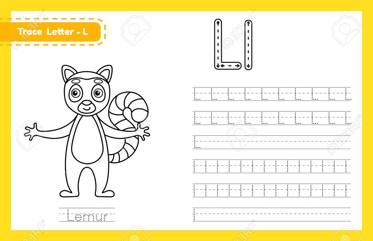 Trace letter l uppercase and lowercase alphabet tracing practice preschool worksheet for kids learning english with cute cartoon animal coloring book for pre k kindergarten vector illustration royalty free svg cliparts vectors