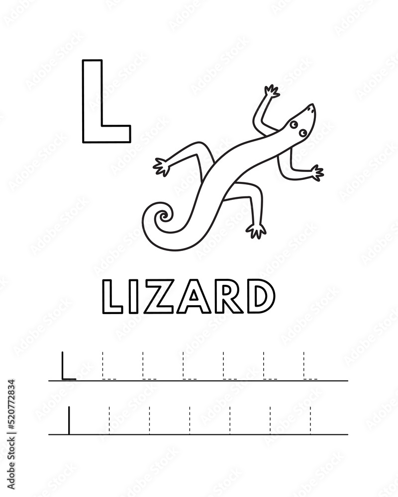 Alphabet with cute cartoon animals isolated on white background coloring pages for children education vector illustration of lizard and tracing practice worksheet letter l vector