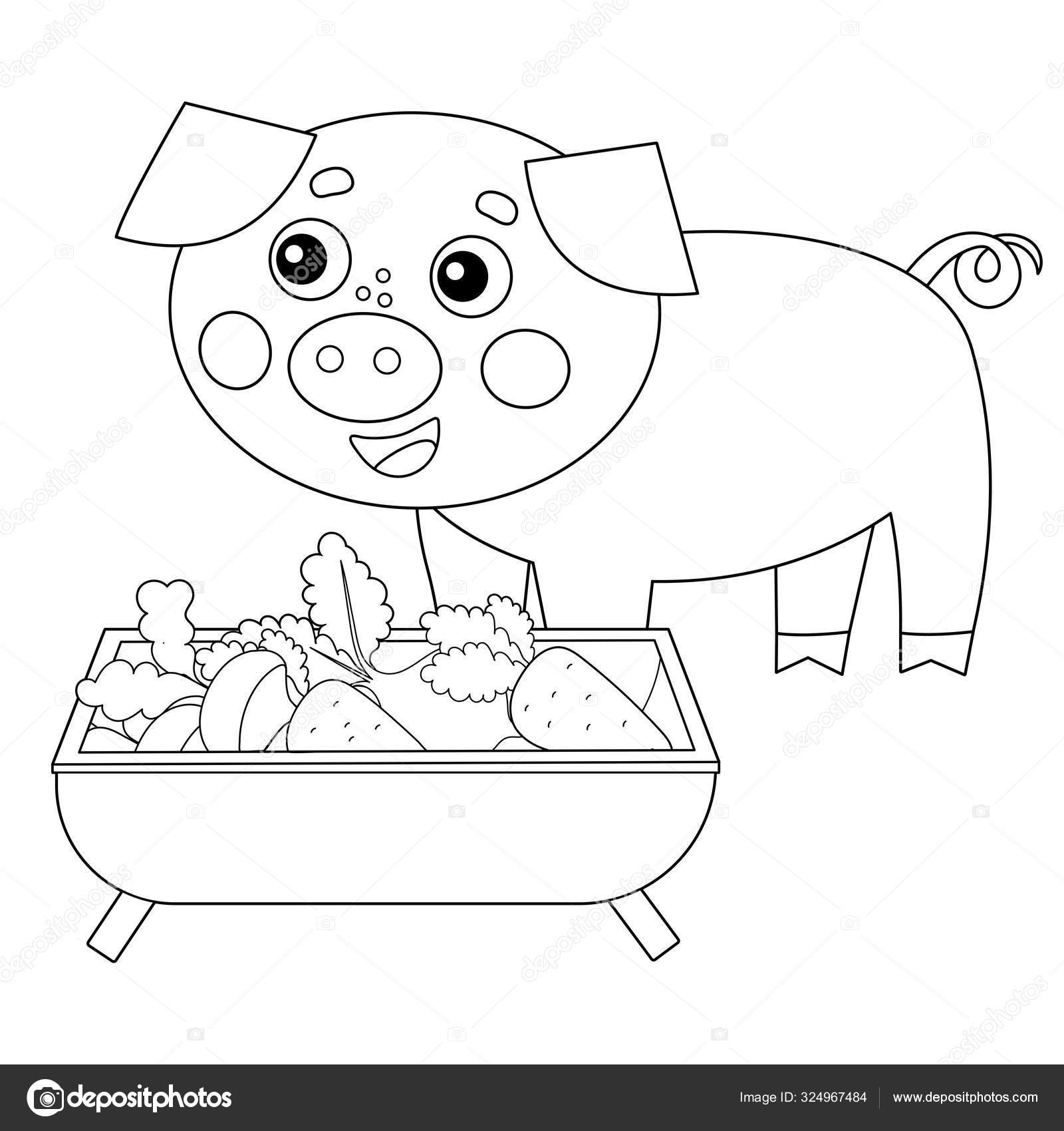 Pãgina para colorear esquema de cerdo de dibujos animados o cerdos con ida animales de granja libro para colorear para niãos vector de stock por oleon