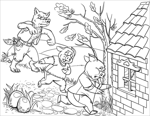 Dibujo de el cerdo peter y patty huyen corriendo del lobo a la casa del cerdo penny para colorear dibujos para colorear imprimir gratis