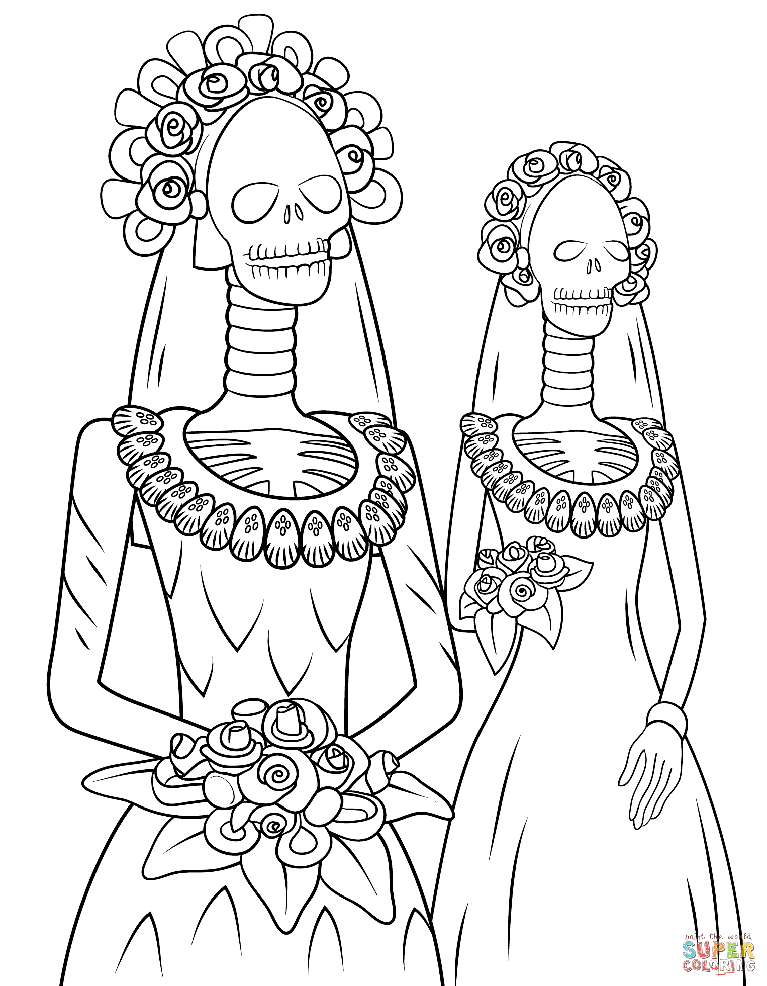 Day of the dead skeleton brides coloring page free printable coloring pages