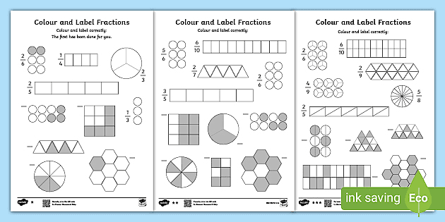 Lour and label simple fractions of shapes worksheet