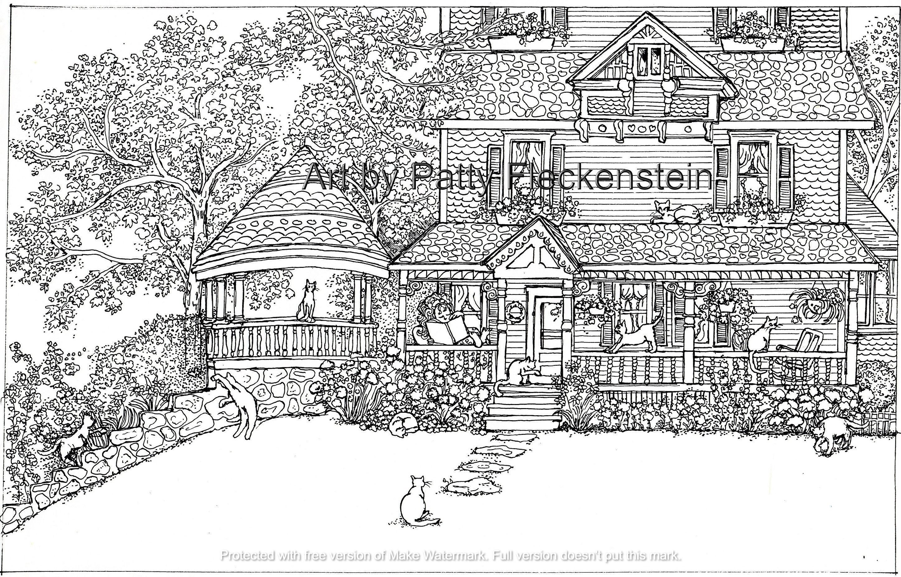 Coloring page adult diy house of cats instant printable download pen and ink drawing to print and color for adults teens children