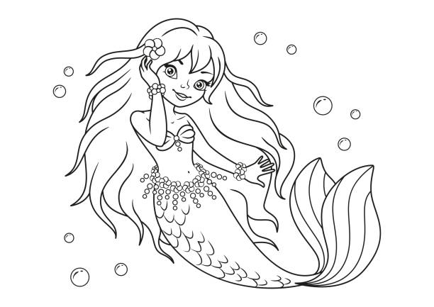 Beautiful mermaid coloring page for kids stock illustration