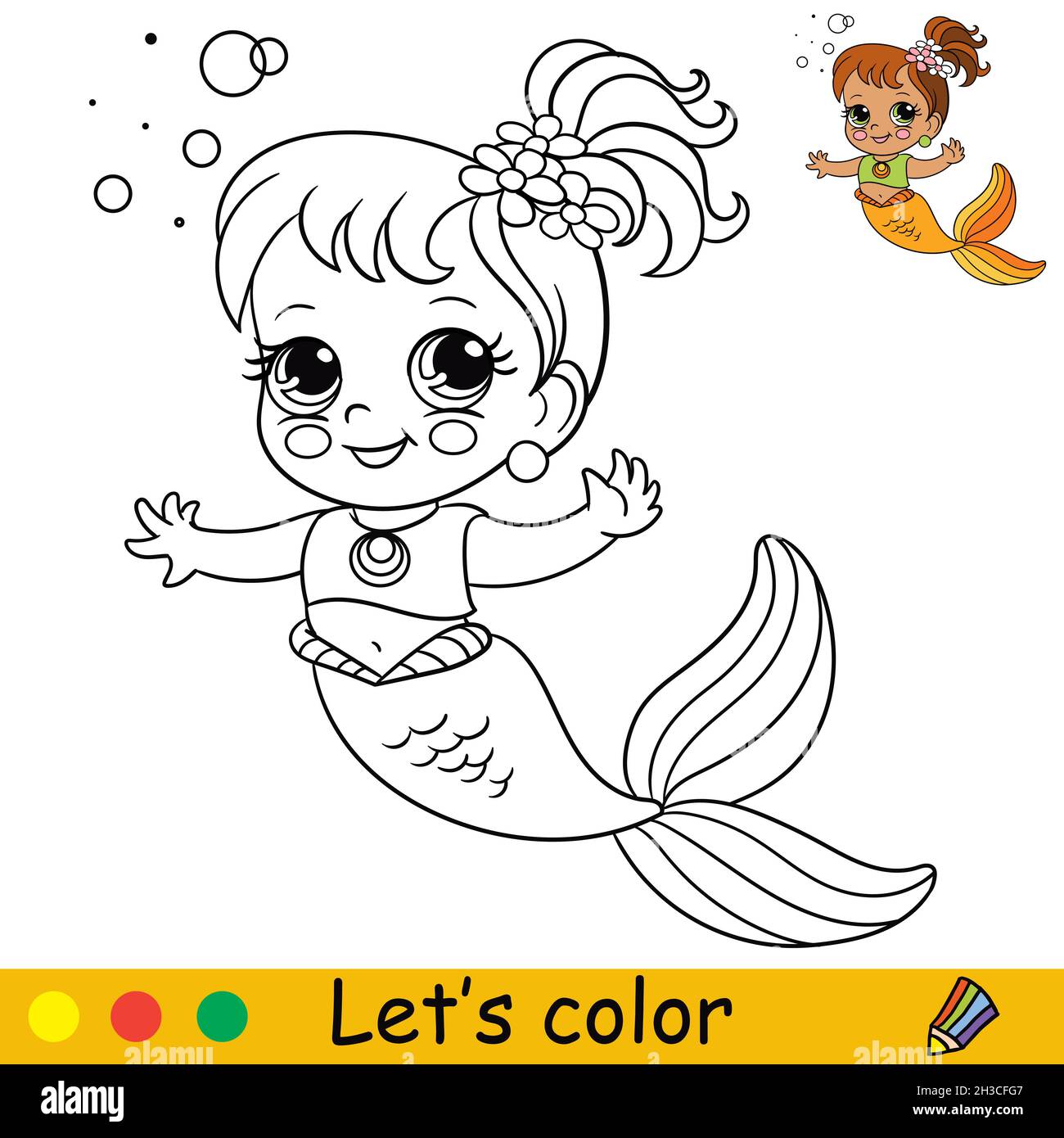 Hermosa sirena de dibujos animados con burbujas pãgina para colorear y plantilla colorida para educaciãn precolar y colar ilustraciãn vectorial para el diseão t shi imagen vector de stock