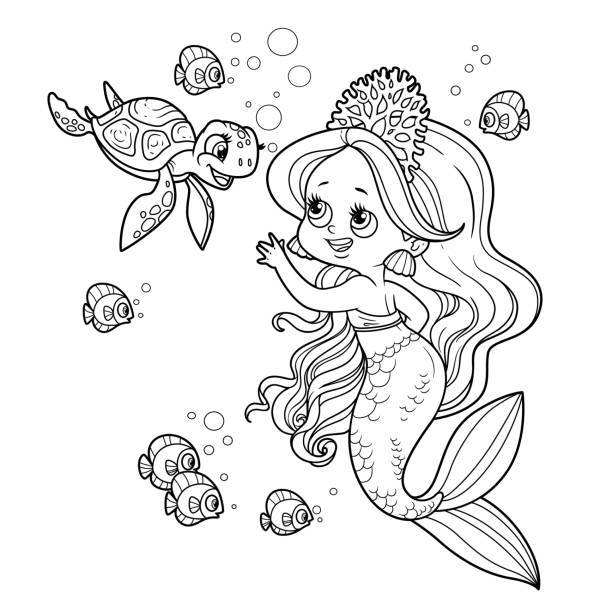 Cute little mermaid girl in coral tiara municates with a small sea turtle outlined for coloring page isolated on white background stock illustration