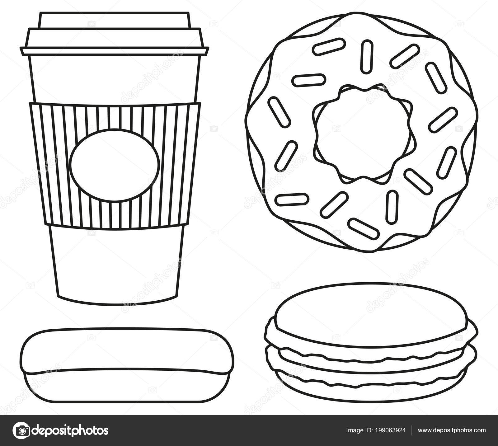 Line art black and white coffee and donut set stock vector by bessyana