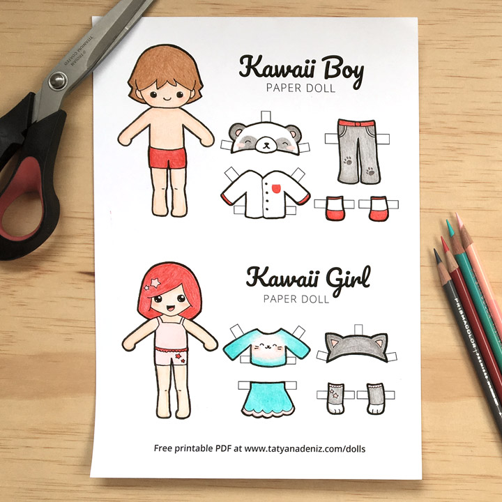 Free printable kawaii paper dolls colouring pages