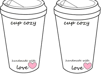 Coffee theme vegan leather tags x knit tags crochet label cup cozy tags branding labels rivets coffee mug cozy tags
