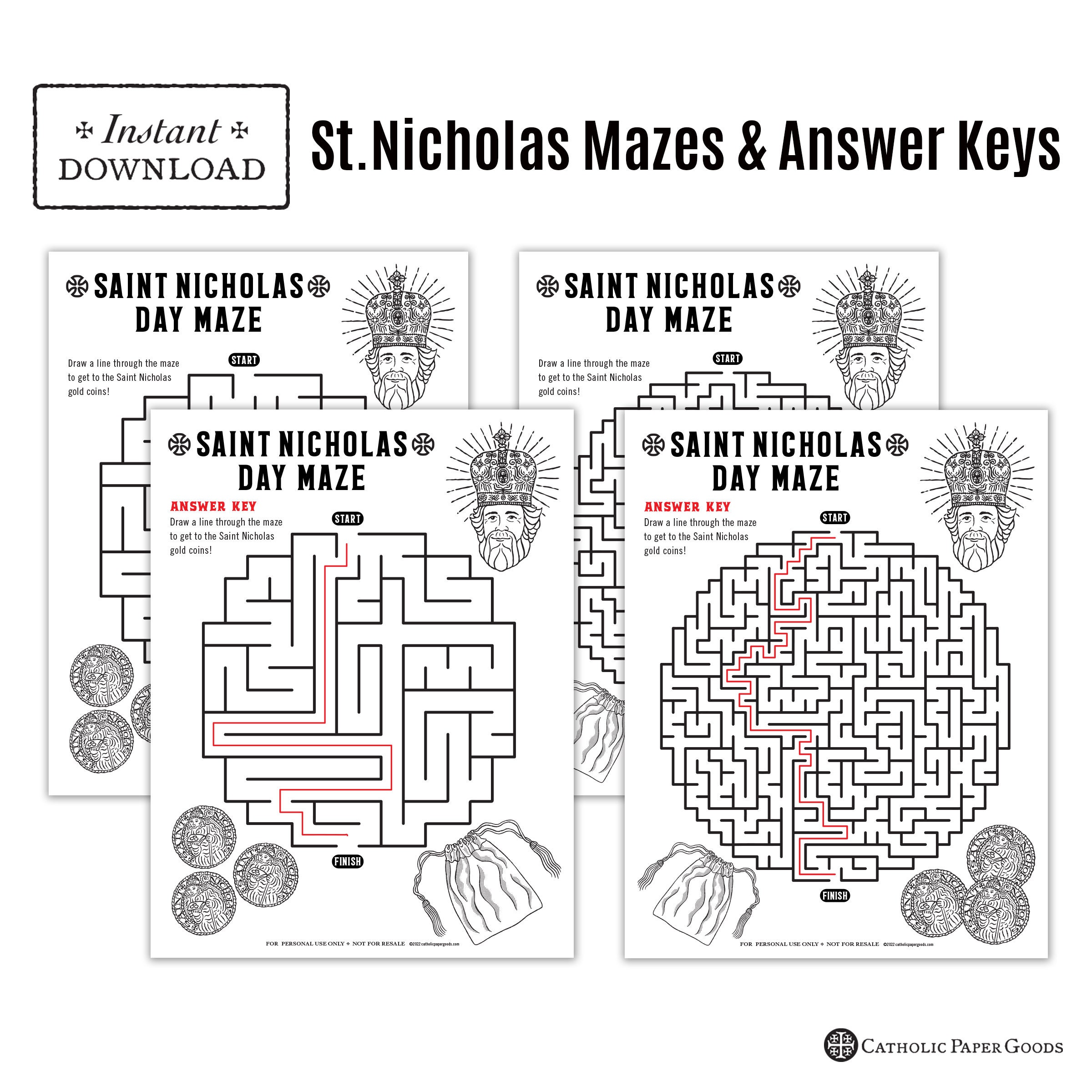 Saint nicholas day activity bundle catholic coloring pages printable maze games answer key printable maze st nicholas miter craft