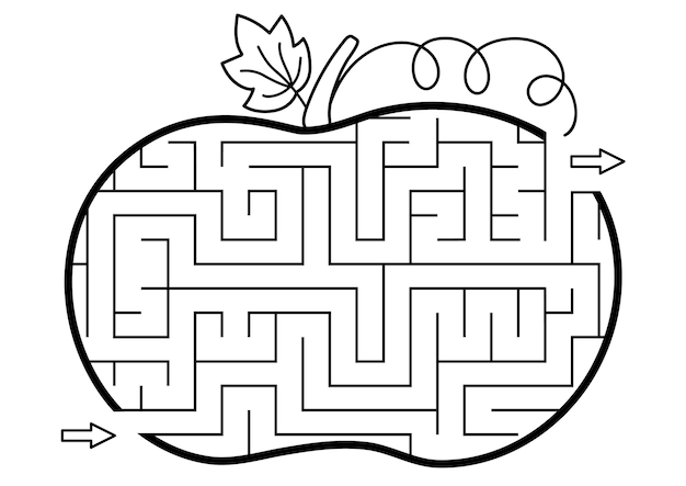 Premium vector thanksgiving black and white maze for children autumn or halloween holiday line printable activity fall geometric outline labyrinth game or puzzle shaped like pumpkin harvest themed page for kidsxa