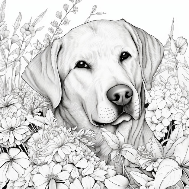 Premium ai image coloring page for kids adult labrador retriever in field of poppy flowers cartoon