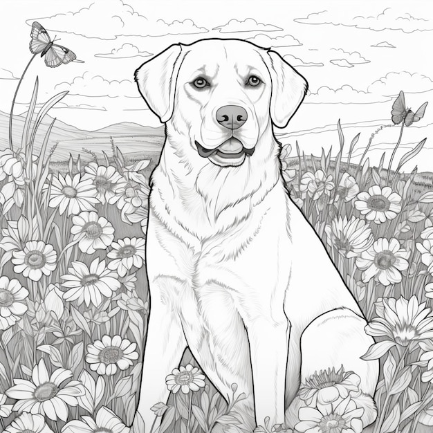 Premium ai image coloring page for kids adult labrador retriever in field of poppy flowers cartoon style thick lines