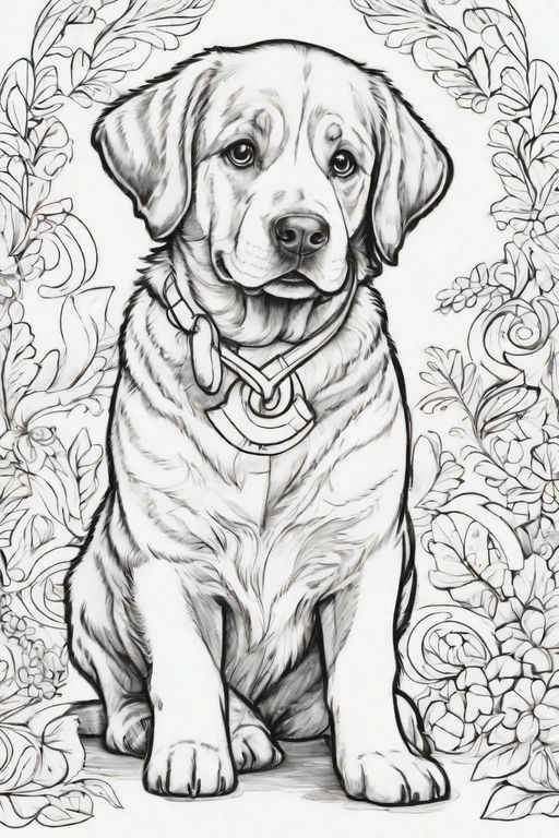 Design a coloring page of a labrador retriever dog with a flower necklace